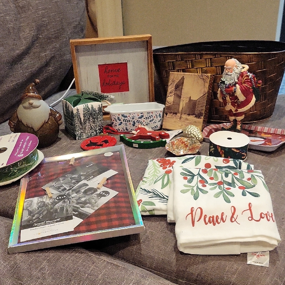 Festive Holiday Decor 17 Pc.Set with Santa Figurine and Peace & Love Towels